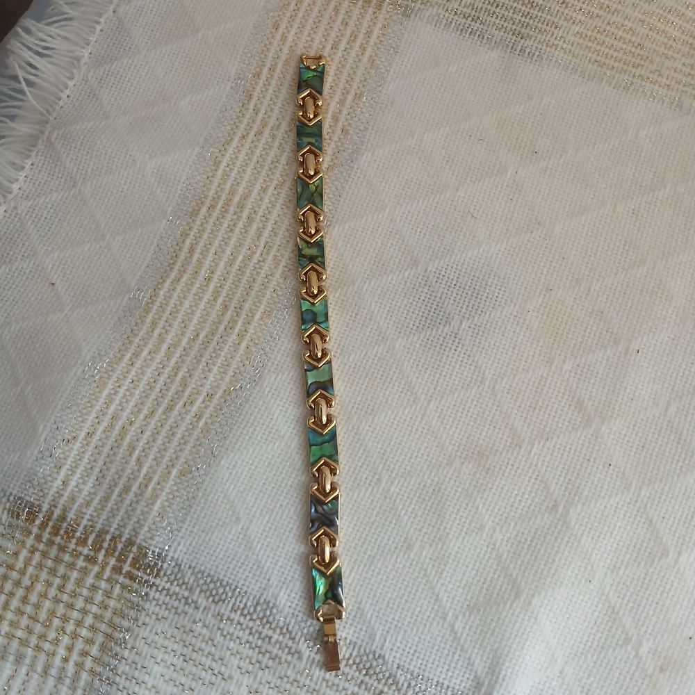 Gold-Tone Abalone Inlay Link Bracelet - Iridescent Blue-Green - Picture 4 of 11